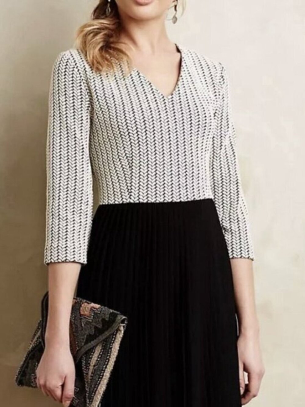 GANNI/ Anthropologie Jacquard Jersey Pleated Dress-Black/Cream -XS- MSRP $168